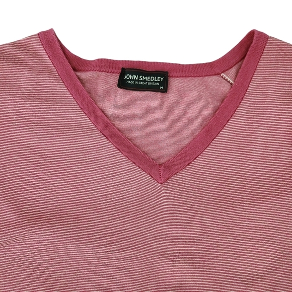 JOHN SMEDLEY Sea Island Cotton sweater V neck striped pink medium made in UK - Picture 6 of 14